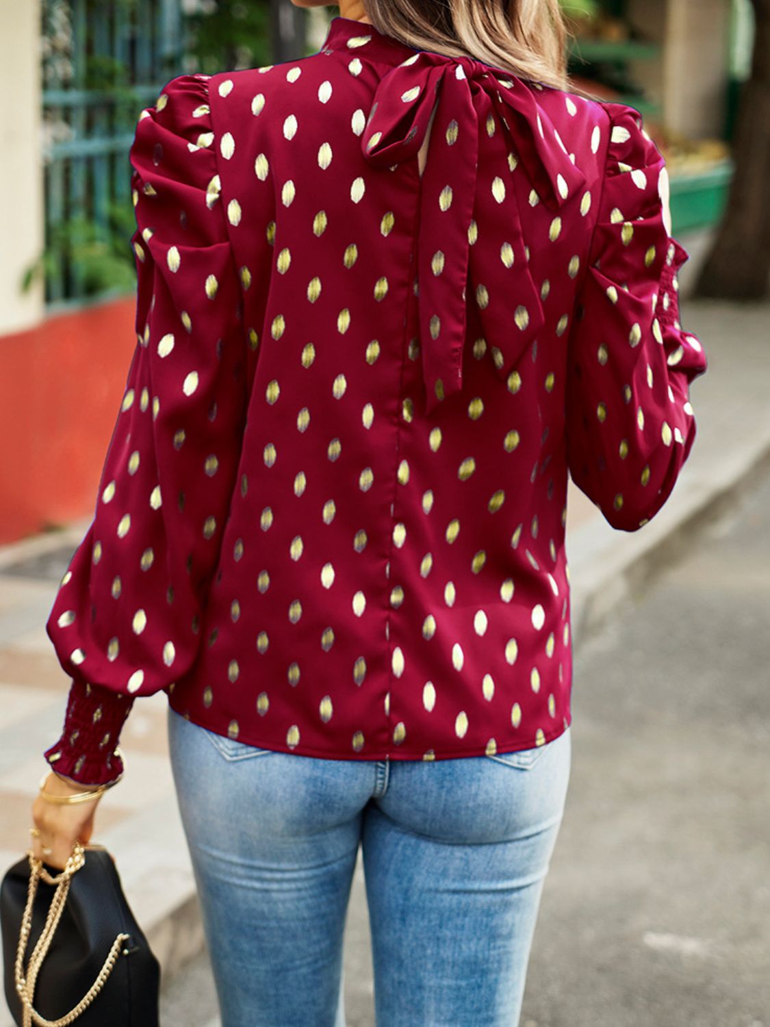 Printed Mock Neck Lantern Sleeve Blouse - FunkyPeacockStore (Store description)