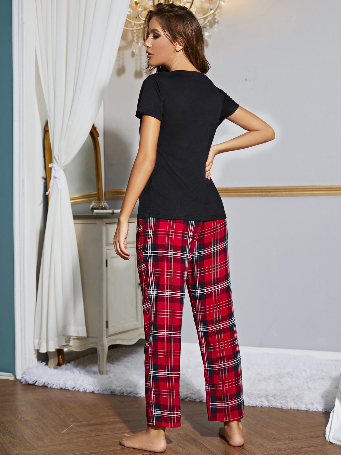 Heart Graphic V-Neck Top and Plaid Pants Lounge Set - FunkyPeacockStore (Store description)