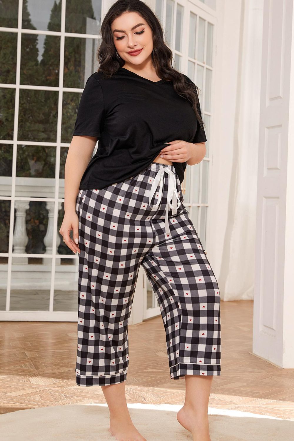V-Neck Tee and Plaid Cropped Pants Lounge Set - FunkyPeacockStore (Store description)