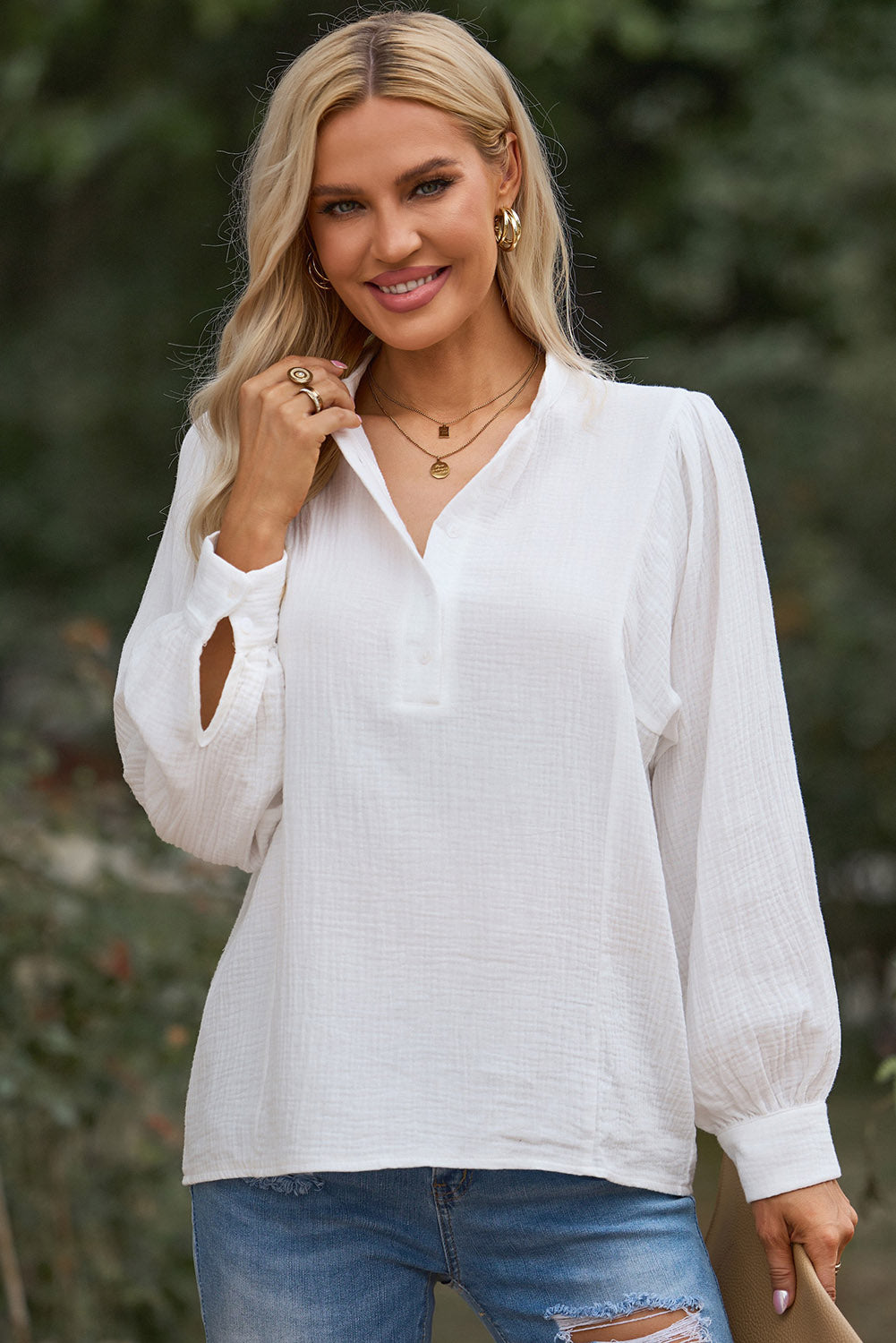 Half Button Puff Sleeve Blouse - FunkyPeacockStore (Store description)