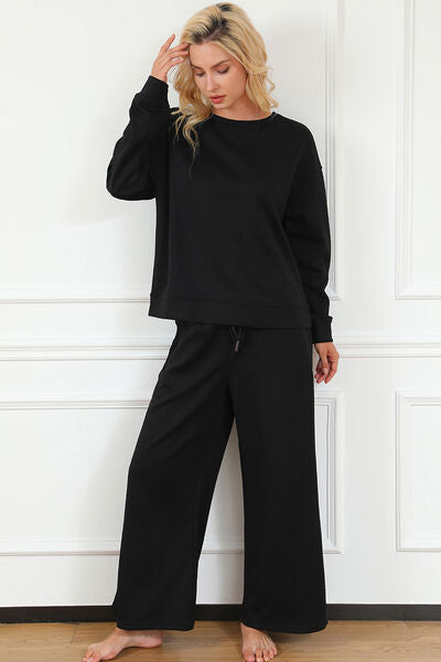 Double Take Textured Long Sleeve Top and Drawstring Pants Set - FunkyPeacockStore (Store description)