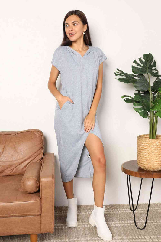 Double Take Short Sleeve Front Slit Hooded Dress - FunkyPeacockStore (Store description)