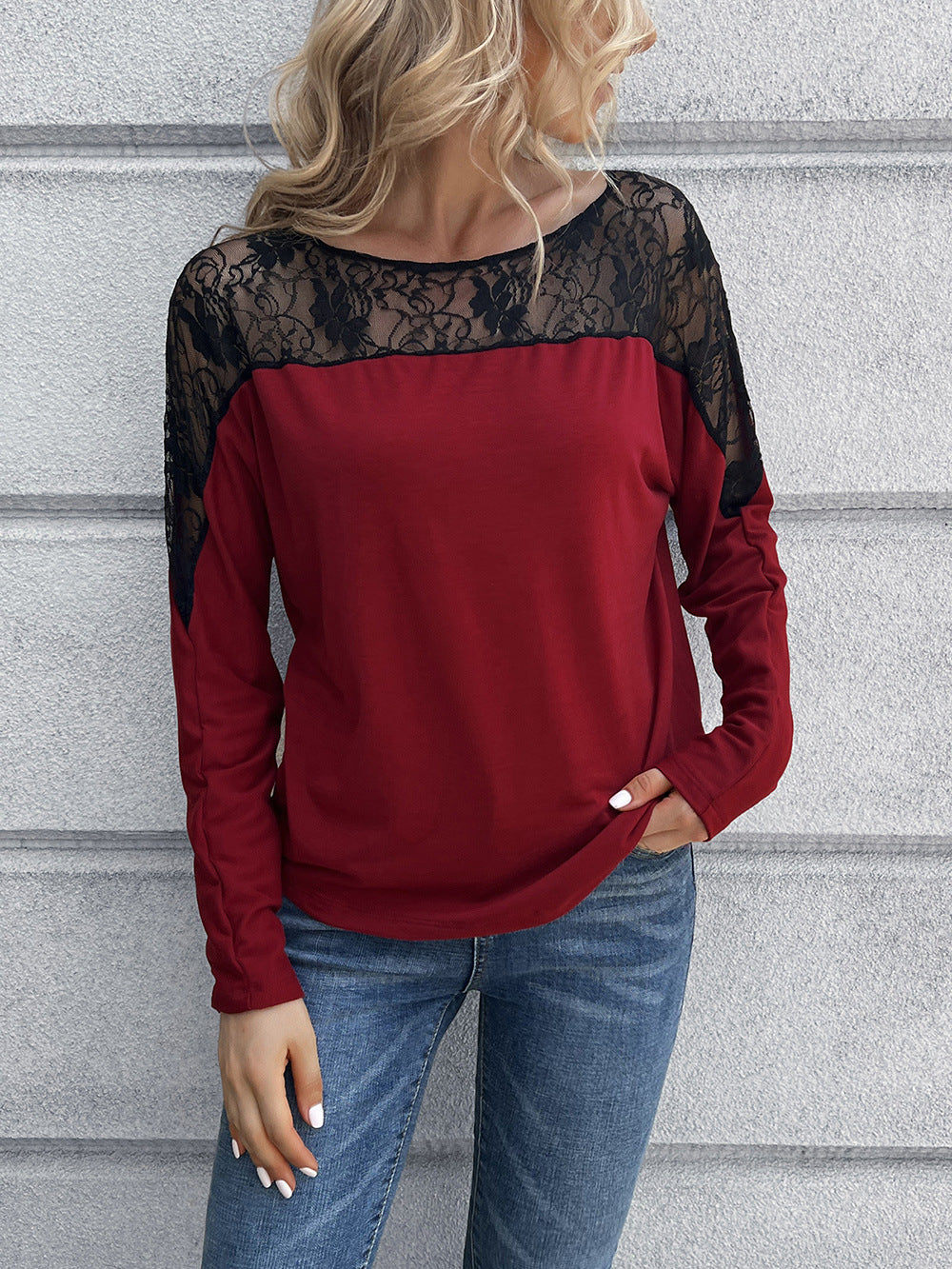 Lace Long Sleeve Round Neck Tee - FunkyPeacockStore (Store description)