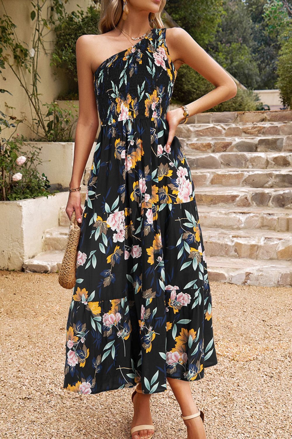 Floral One-Shoulder Sleeveless Dress with Pockets - FunkyPeacockStore (Store description)