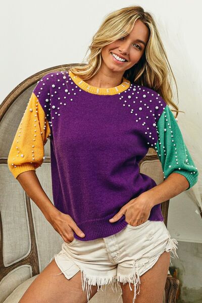 BiBi Color Block Pearl Detail Round Neck Sweater - FunkyPeacockStore (Store description)