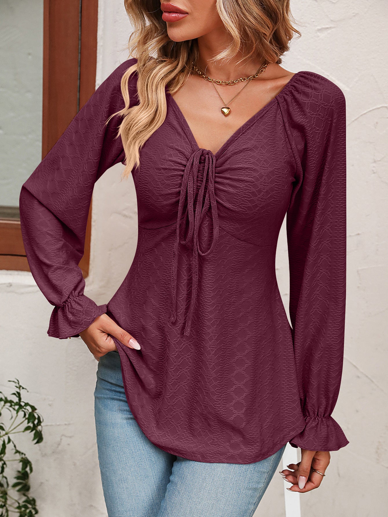 Tie Front V-Neck Puff Sleeve Blouse - FunkyPeacockStore (Store description)