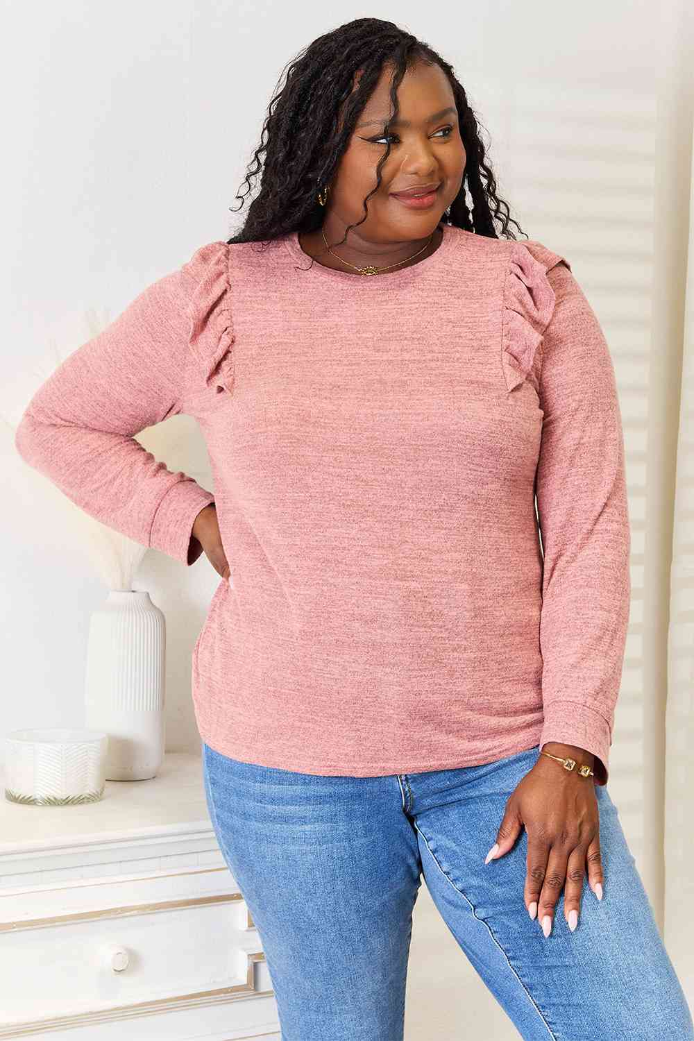 Double Take Ruffle Shoulder Long Sleeve T-Shirt - FunkyPeacockStore (Store description)