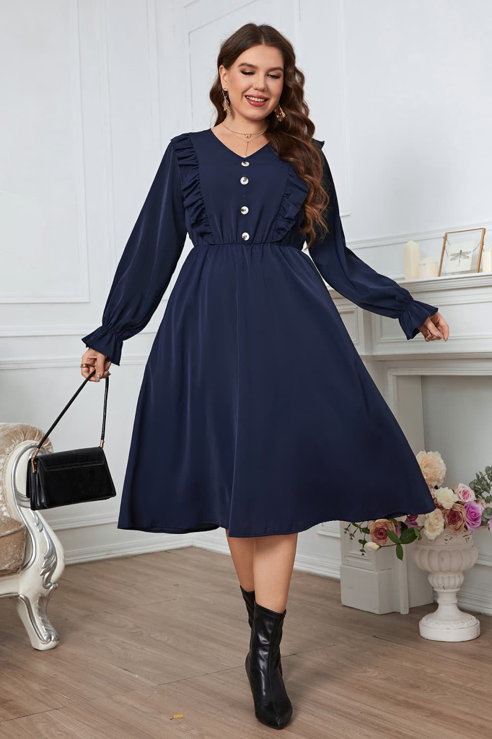 V-Neck Buttoned Flounce Sleeve Dress - FunkyPeacockStore (Store description)