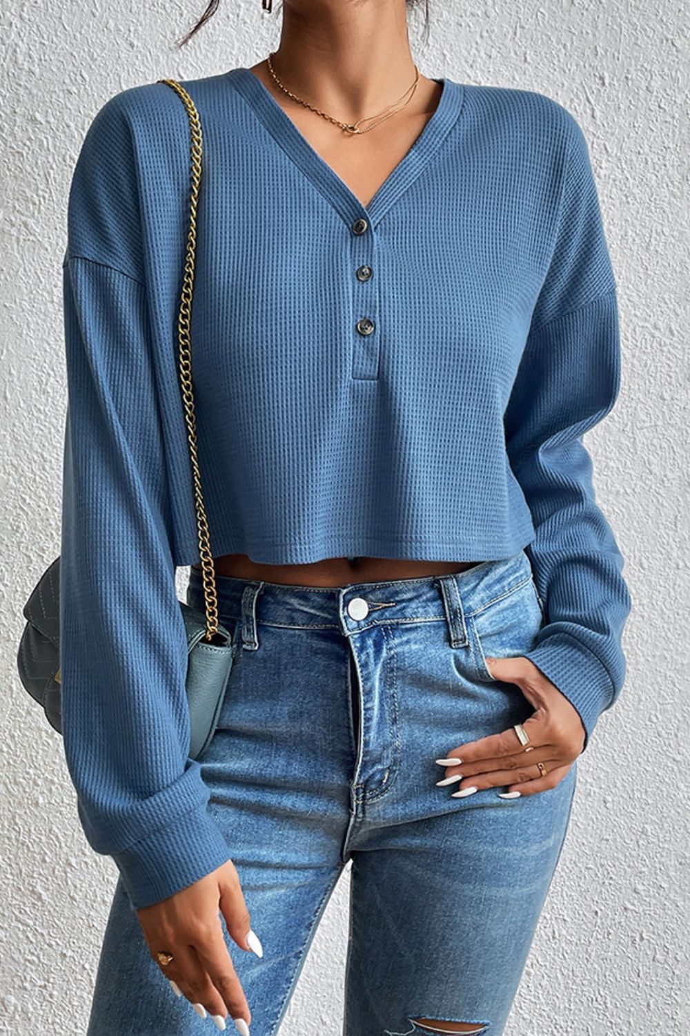 Cropped V-Neck Raglan Sleeve Buttoned Blouse - FunkyPeacockStore (Store description)