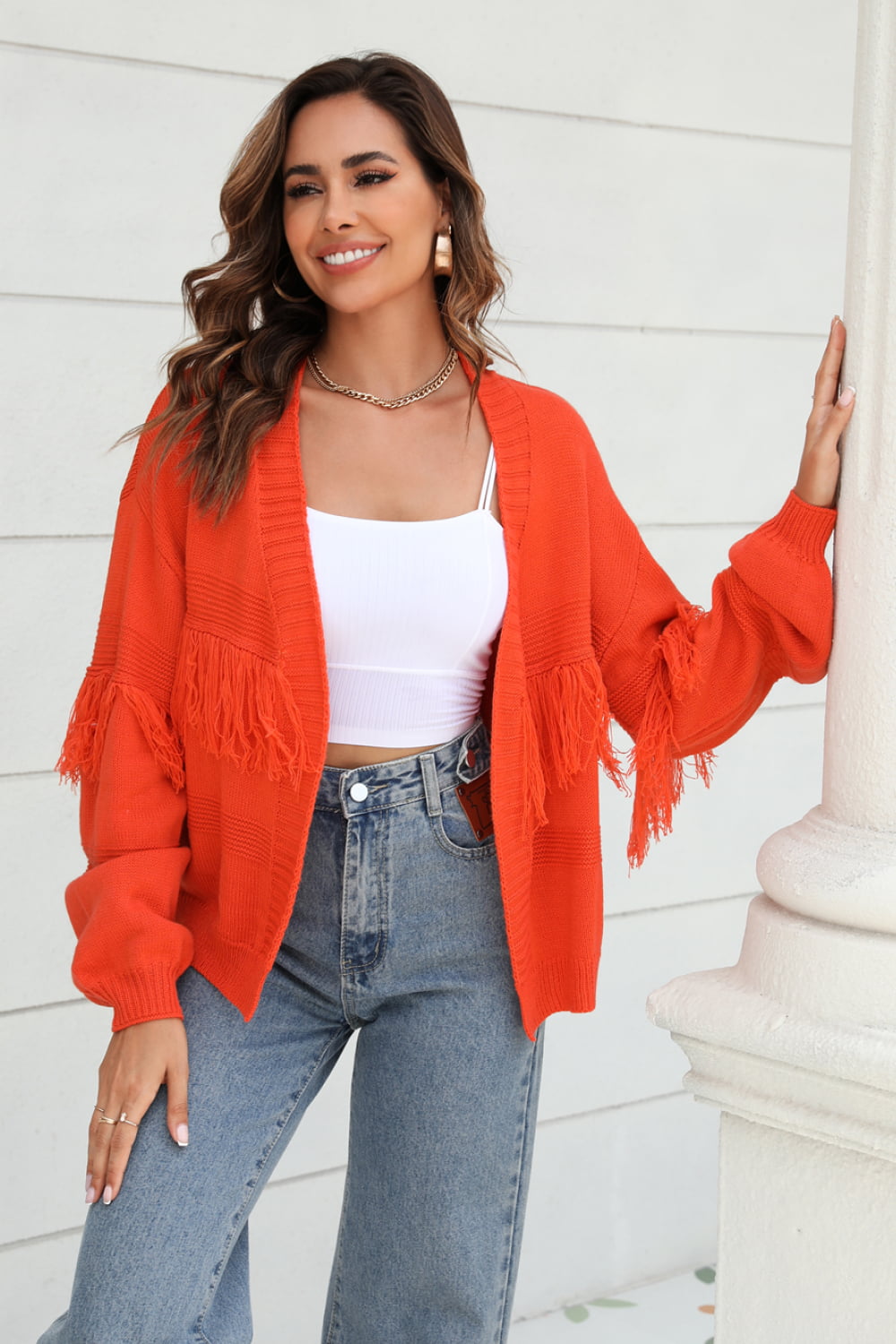 Fringe Trim Open Front Cardigan - FunkyPeacockStore (Store description)