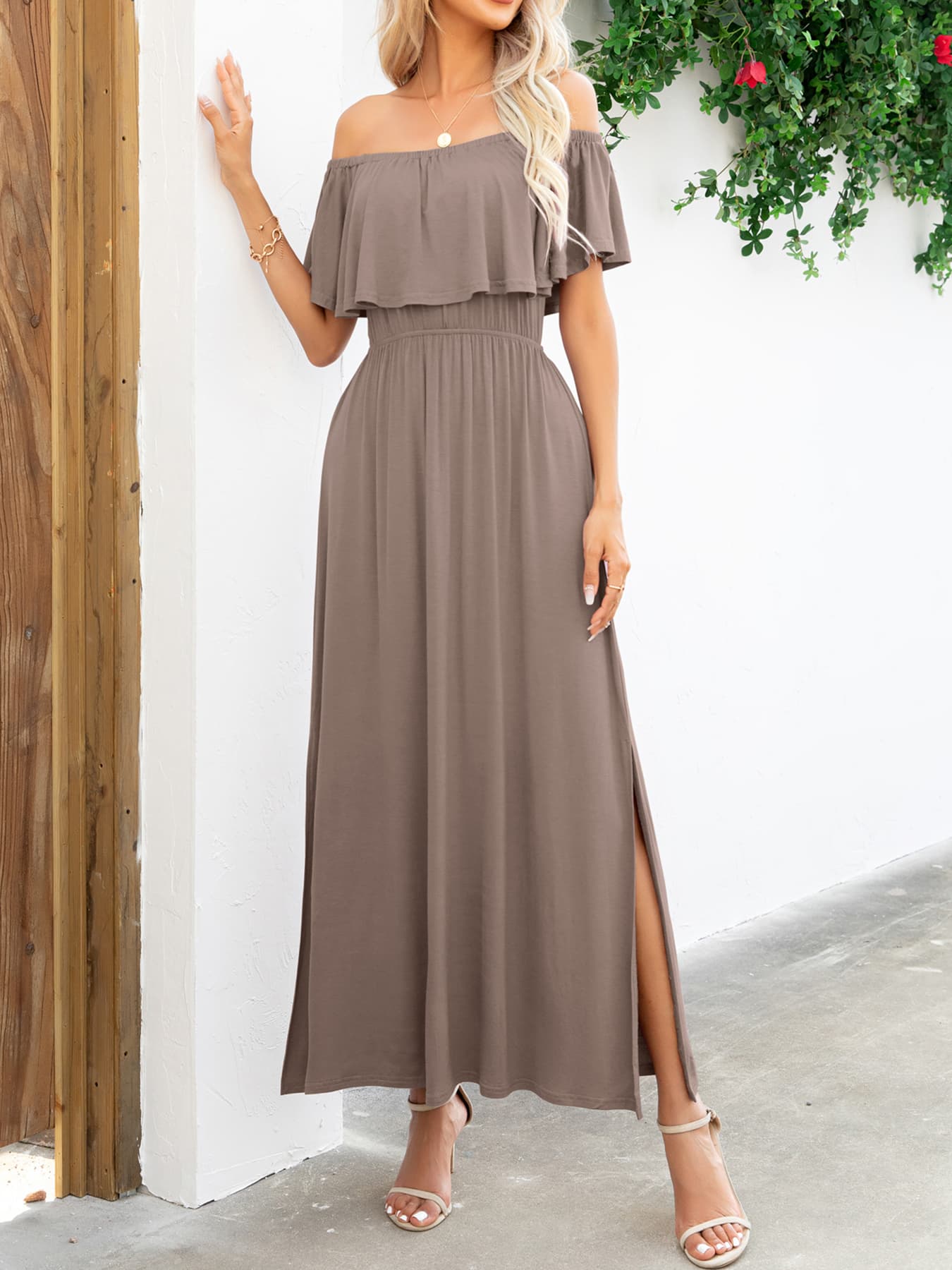 Off-Shoulder Slit Maxi Dress - FunkyPeacockStore (Store description)