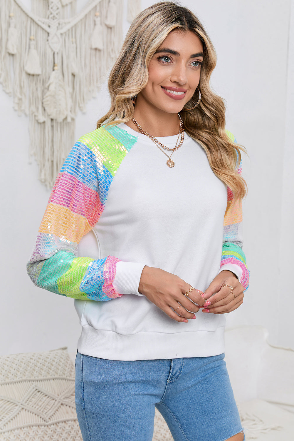 Round Neck Color Block Glitter Sleeve Sweatshirt - FunkyPeacockStore (Store description)