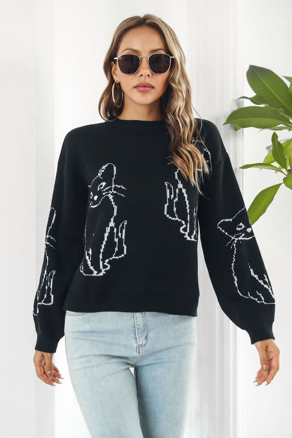 Cat Pattern Round Neck Long Sleeve Pullover Sweater - FunkyPeacockStore (Store description)