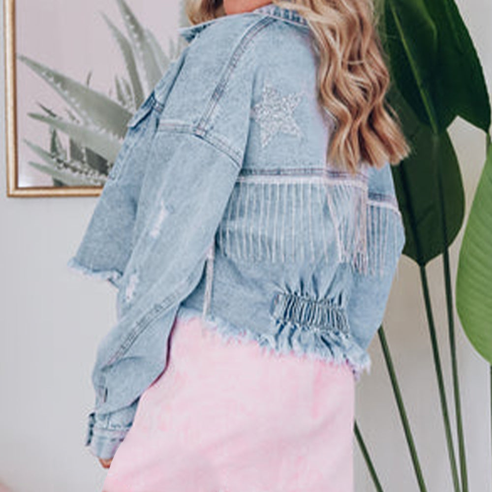 Distressed Raw Hem Denim Jacket - FunkyPeacockStore (Store description)