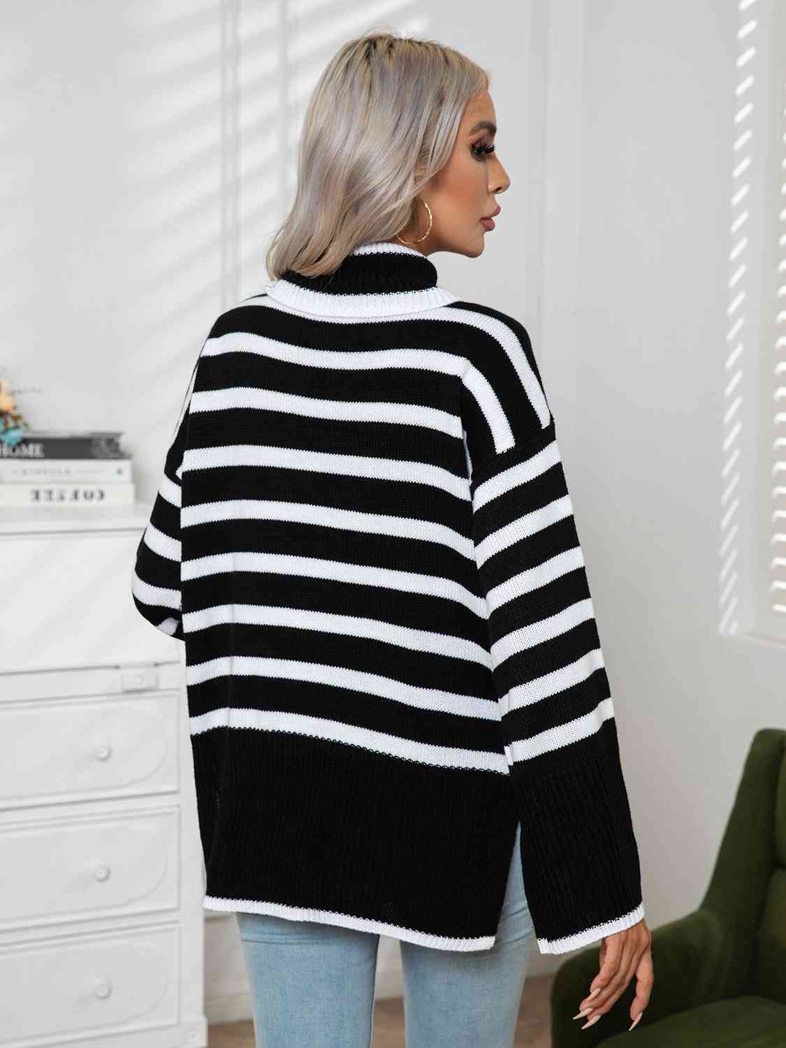 Striped Slit Turtleneck Drop Shoulder Sweater - FunkyPeacockStore (Store description)