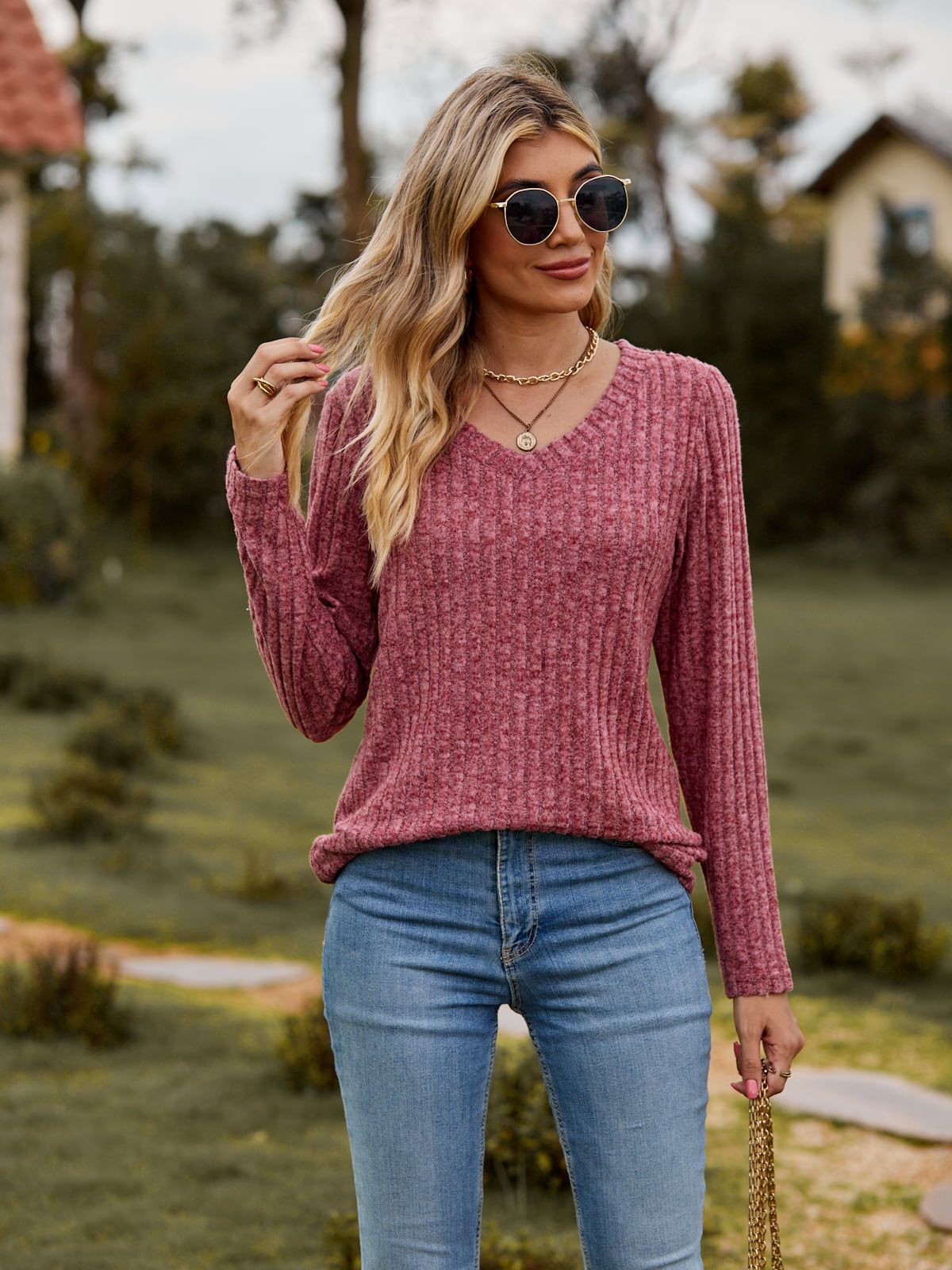 Ribbed V-Neck Long Sleeve Tee - FunkyPeacockStore (Store description)