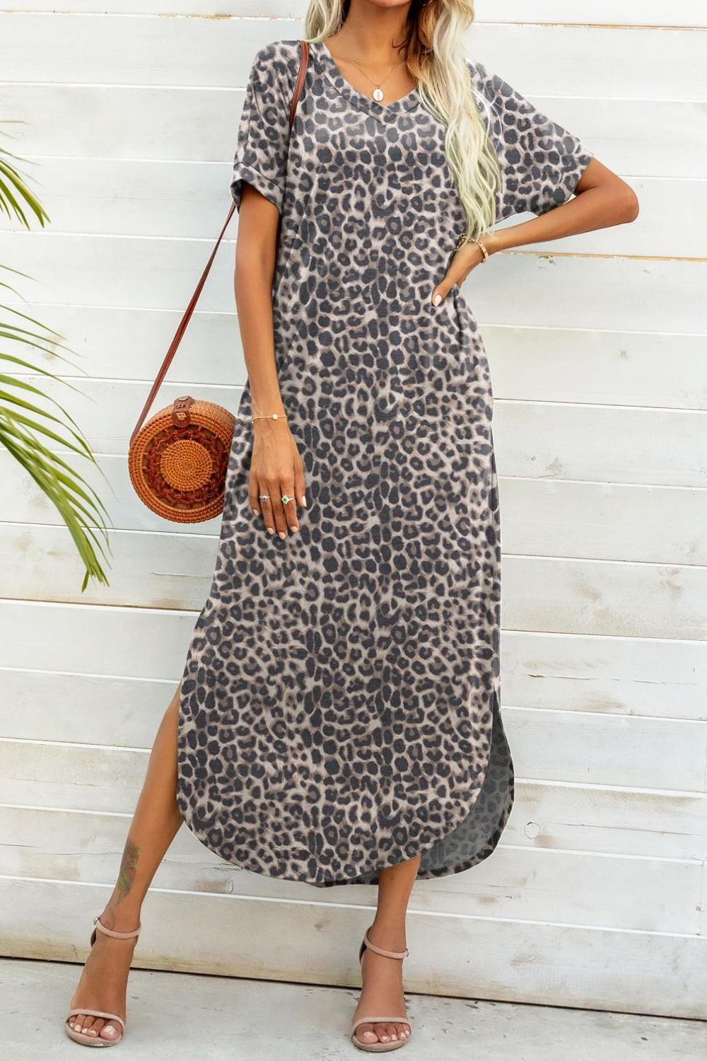 Printed V-Neck Curved Hem Dress - FunkyPeacockStore (Store description)