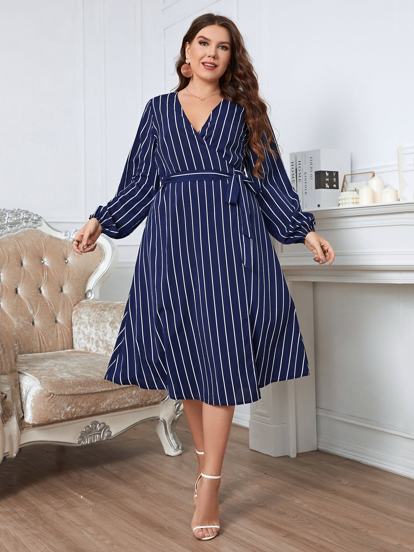 Striped Surplice Neck Long Sleeve Dress - FunkyPeacockStore (Store description)