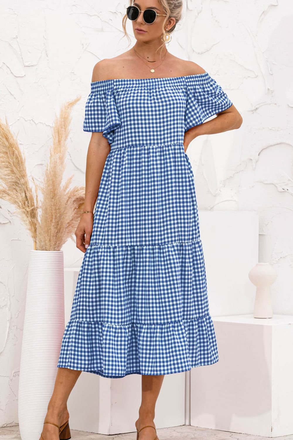 Plaid Off-Shoulder Tiered Midi Dress - FunkyPeacockStore (Store description)