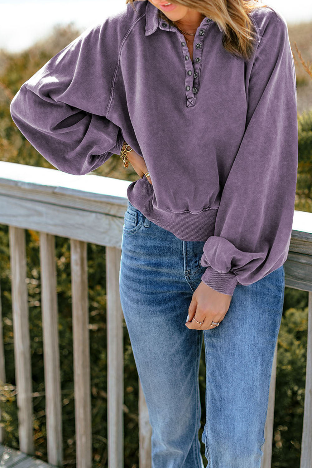 Quarter-Snap Collared Lantern Sleeve Sweatshirt - FunkyPeacockStore (Store description)