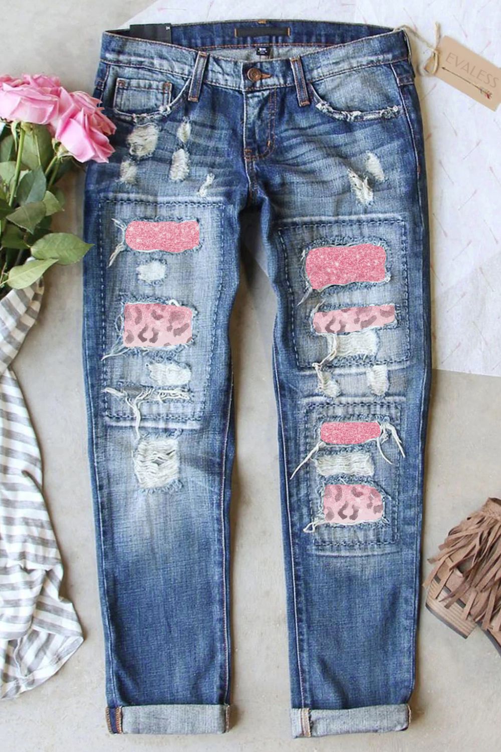 Leopard Patch Distressed Straight Leg Jeans - FunkyPeacockStore (Store description)