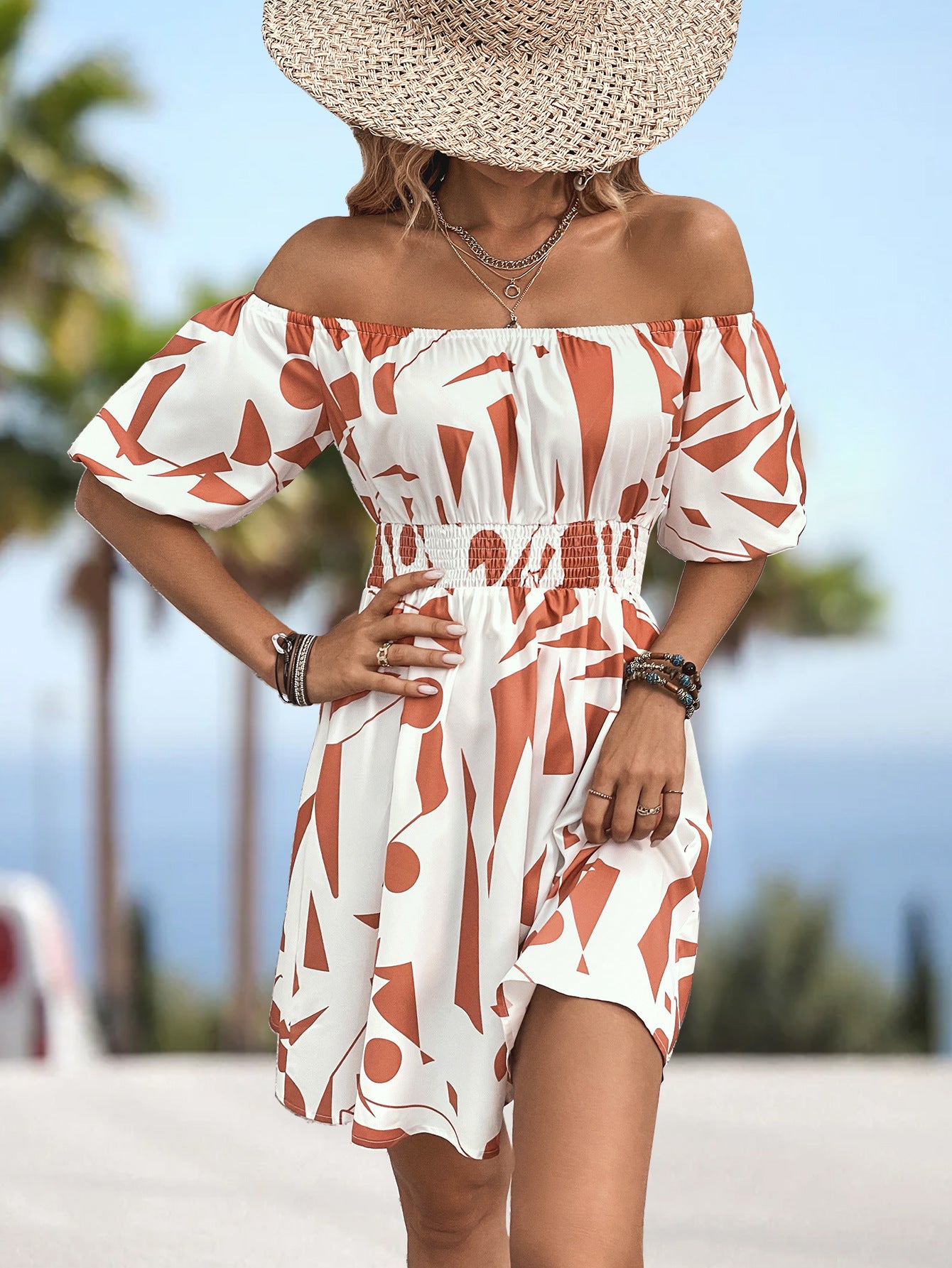 Printed Off-Shoulder Smocked Waist Dress - FunkyPeacockStore (Store description)