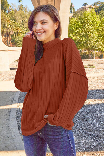 Basic Bae Ribbed Exposed Seam Mock Neck Knit Top - FunkyPeacockStore (Store description)