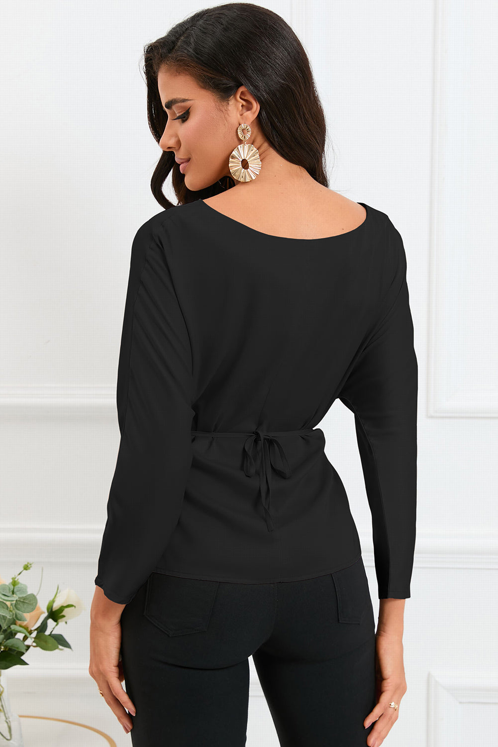 Boat Neck Back Tie Long Sleeve Satin Blouse - FunkyPeacockStore (Store description)