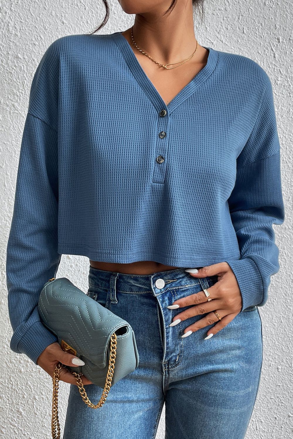 Cropped V-Neck Raglan Sleeve Buttoned Blouse - FunkyPeacockStore (Store description)