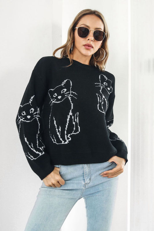 Cat Pattern Round Neck Long Sleeve Pullover Sweater - FunkyPeacockStore (Store description)