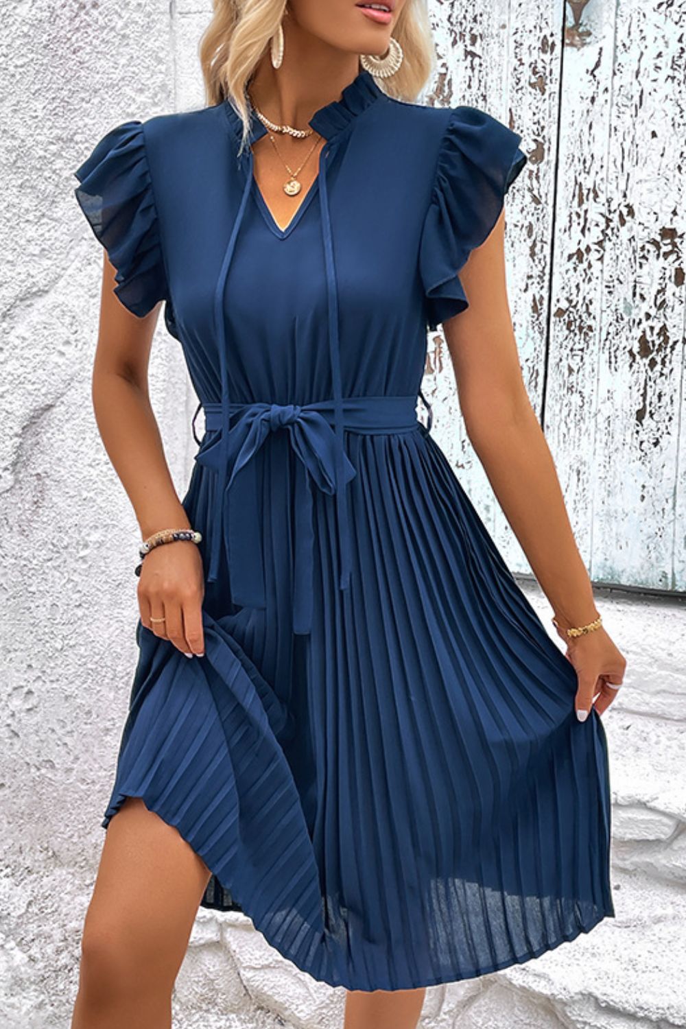 Tie Neck Belted Pleated Dress - FunkyPeacockStore (Store description)