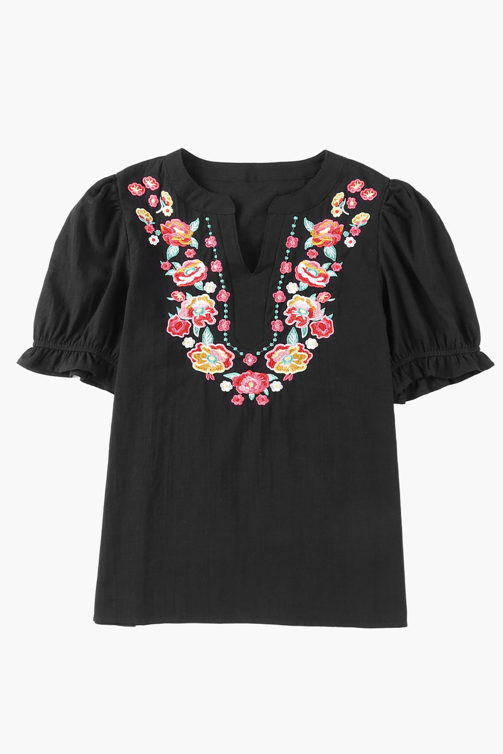 Embroidered Notched Neck Flounce Sleeve Top - FunkyPeacockStore (Store description)