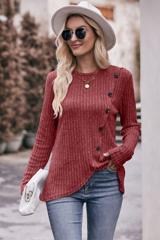 Ribbed Round Neck Buttoned Long Sleeve Tee - FunkyPeacockStore (Store description)