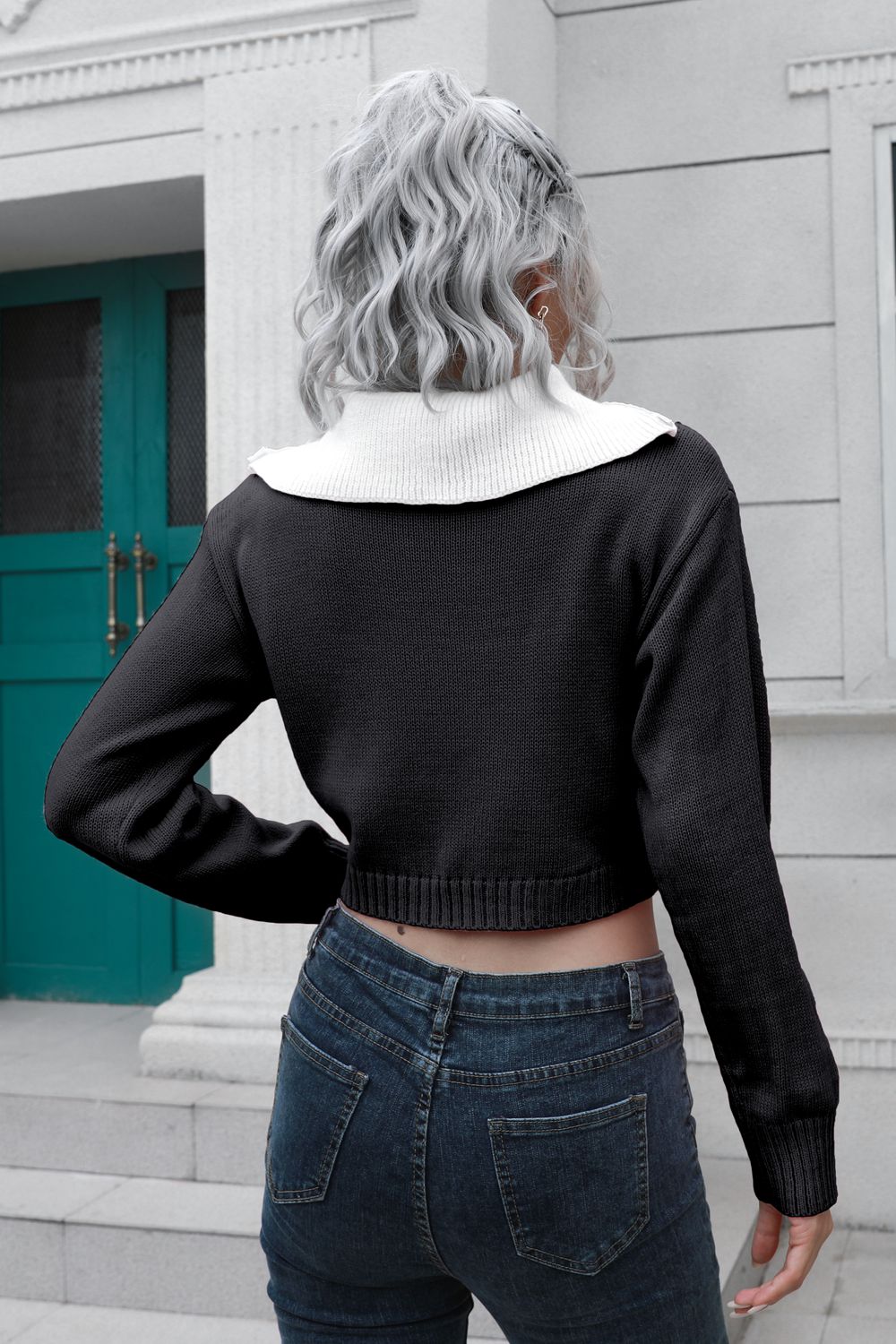 Contrast Collared Cropped Sweater - FunkyPeacockStore (Store description)