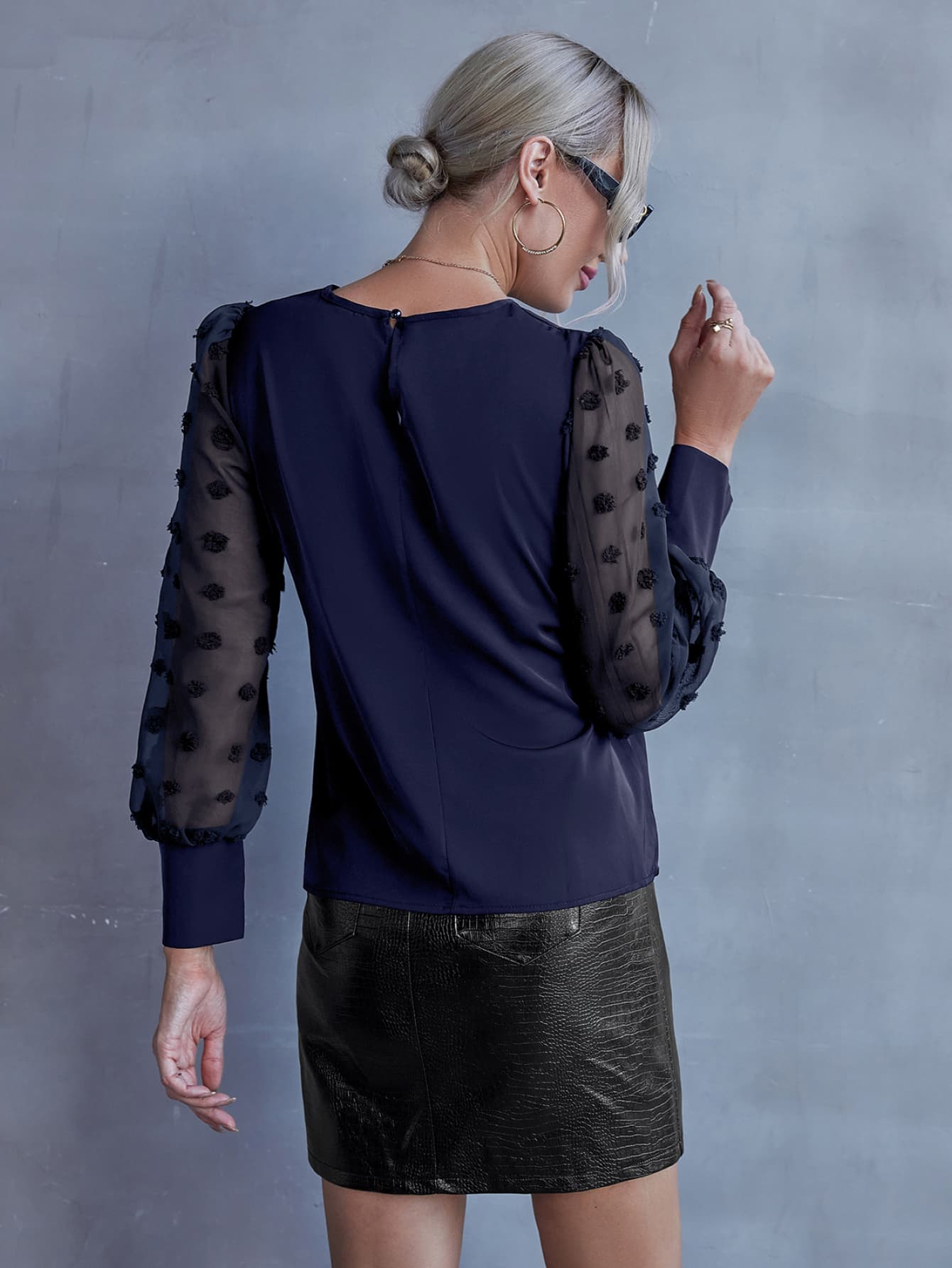 Swiss Dot Lantern Sleeve Round Neck Blouse - FunkyPeacockStore (Store description)