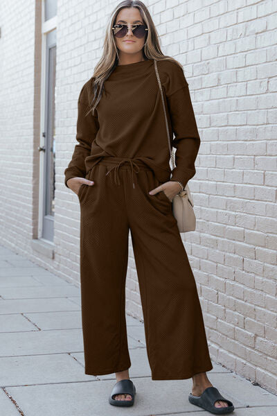 Double Take Textured Long Sleeve Top and Drawstring Pants Set - FunkyPeacockStore (Store description)