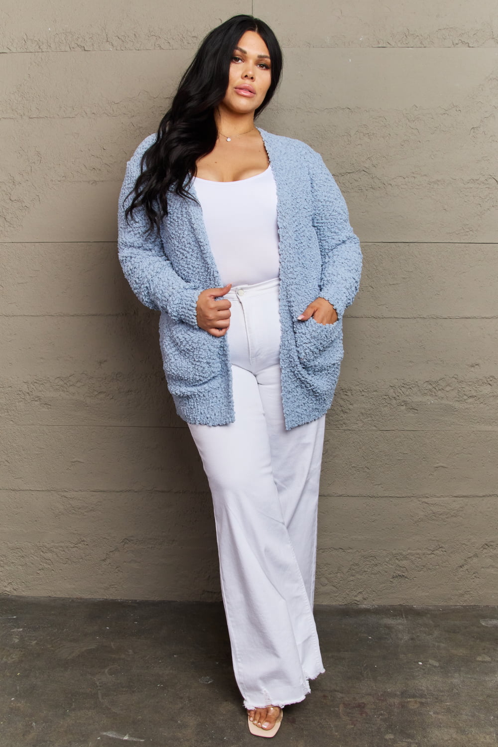 Zenana Falling For You Full Size Open Front Popcorn Cardigan - FunkyPeacockStore (Store description)