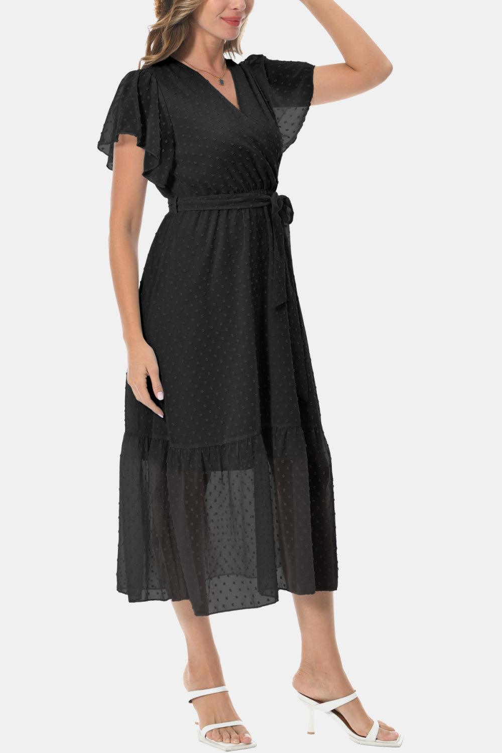 Surplice Neck Flutter Sleeve Tied Dress - FunkyPeacockStore (Store description)