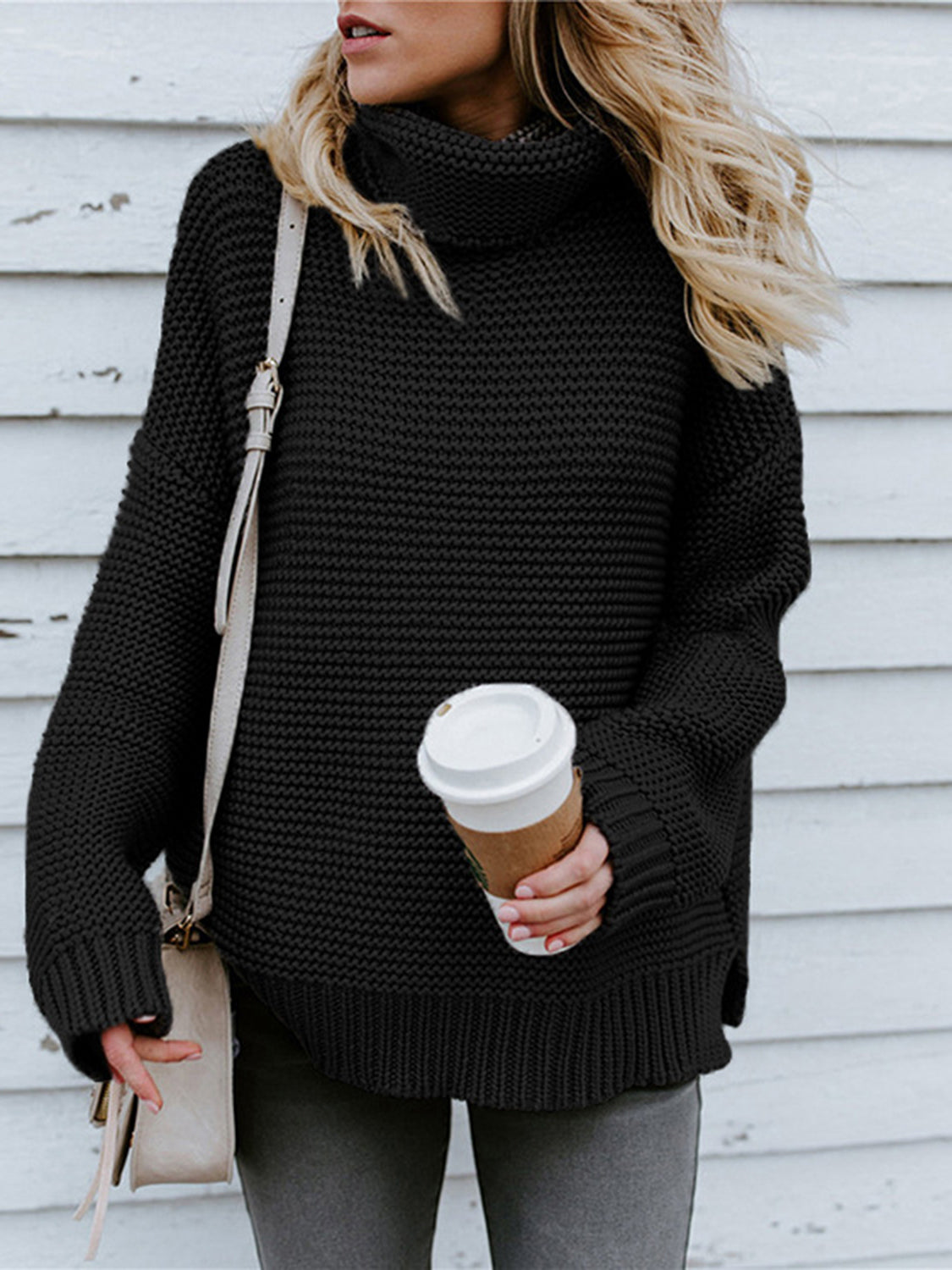 Turtleneck Dropped Shoulder Slit Sweater - FunkyPeacockStore (Store description)