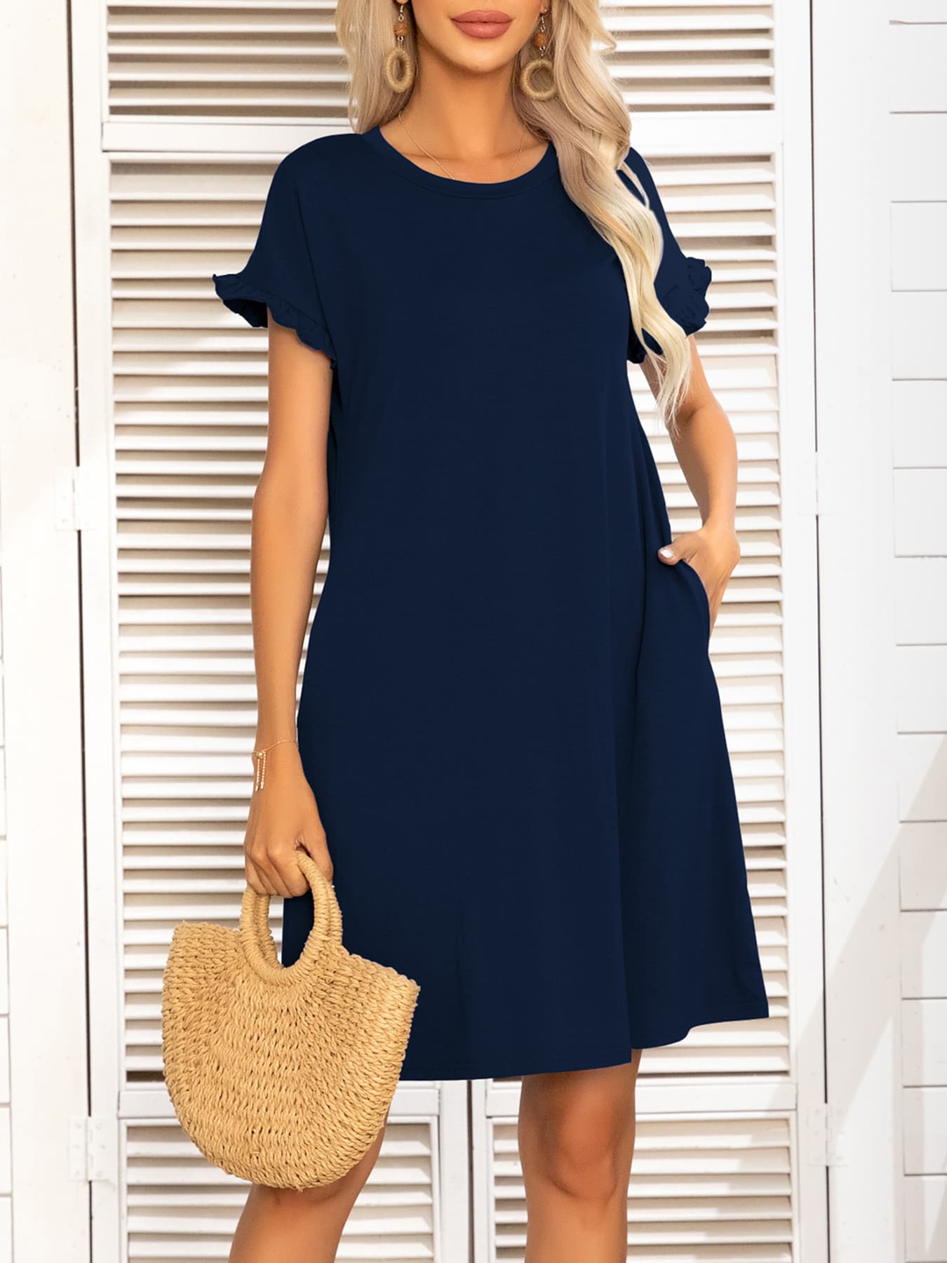 Round Neck Flounce Sleeve Dress with Pockets - FunkyPeacockStore (Store description)