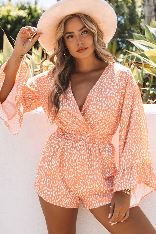 Printed Flare Sleeve Surplice Romper - FunkyPeacockStore (Store description)