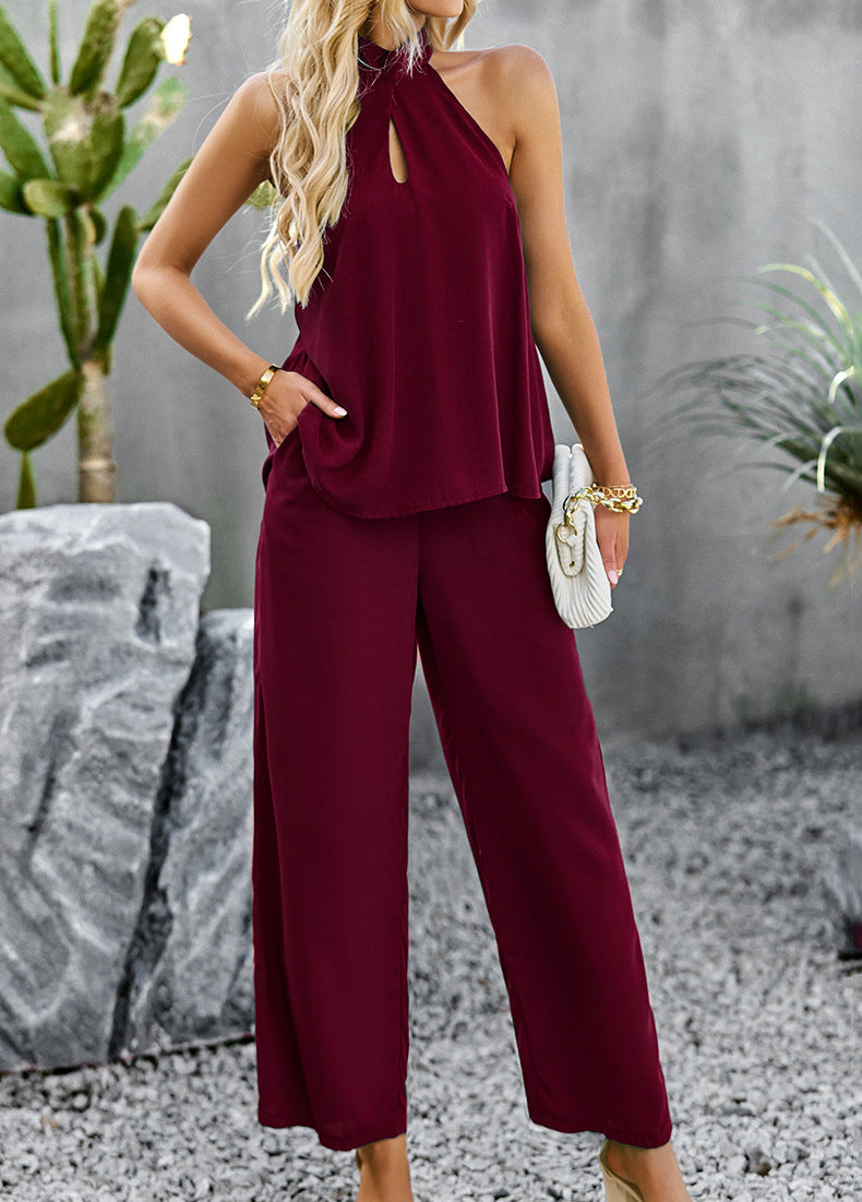 Halter Neck Top and Straight Leg Pants Set - FunkyPeacockStore (Store description)