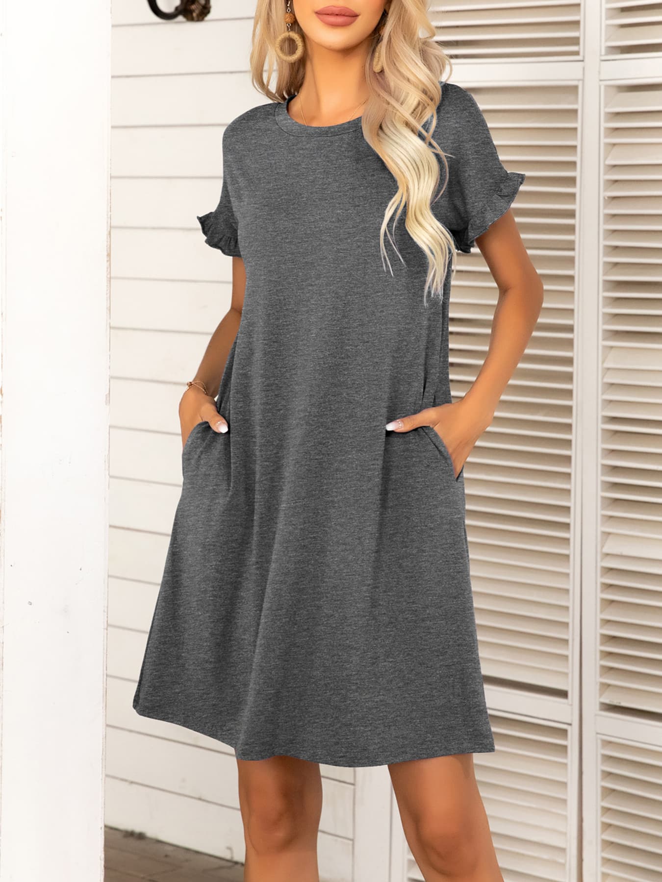 Round Neck Flounce Sleeve Dress with Pockets - FunkyPeacockStore (Store description)