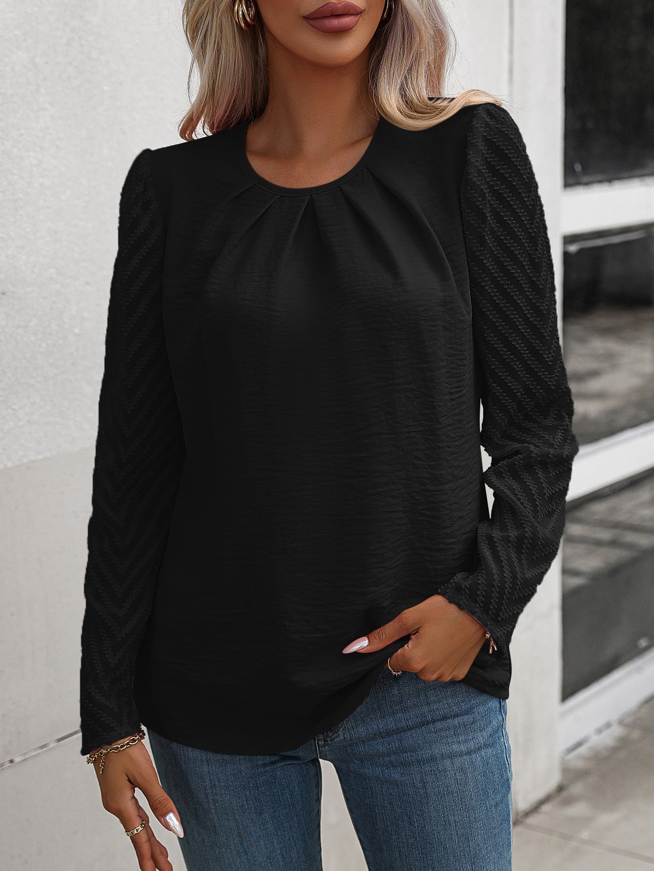 Ruched Round Neck Puff Sleeve Blouse - FunkyPeacockStore (Store description)