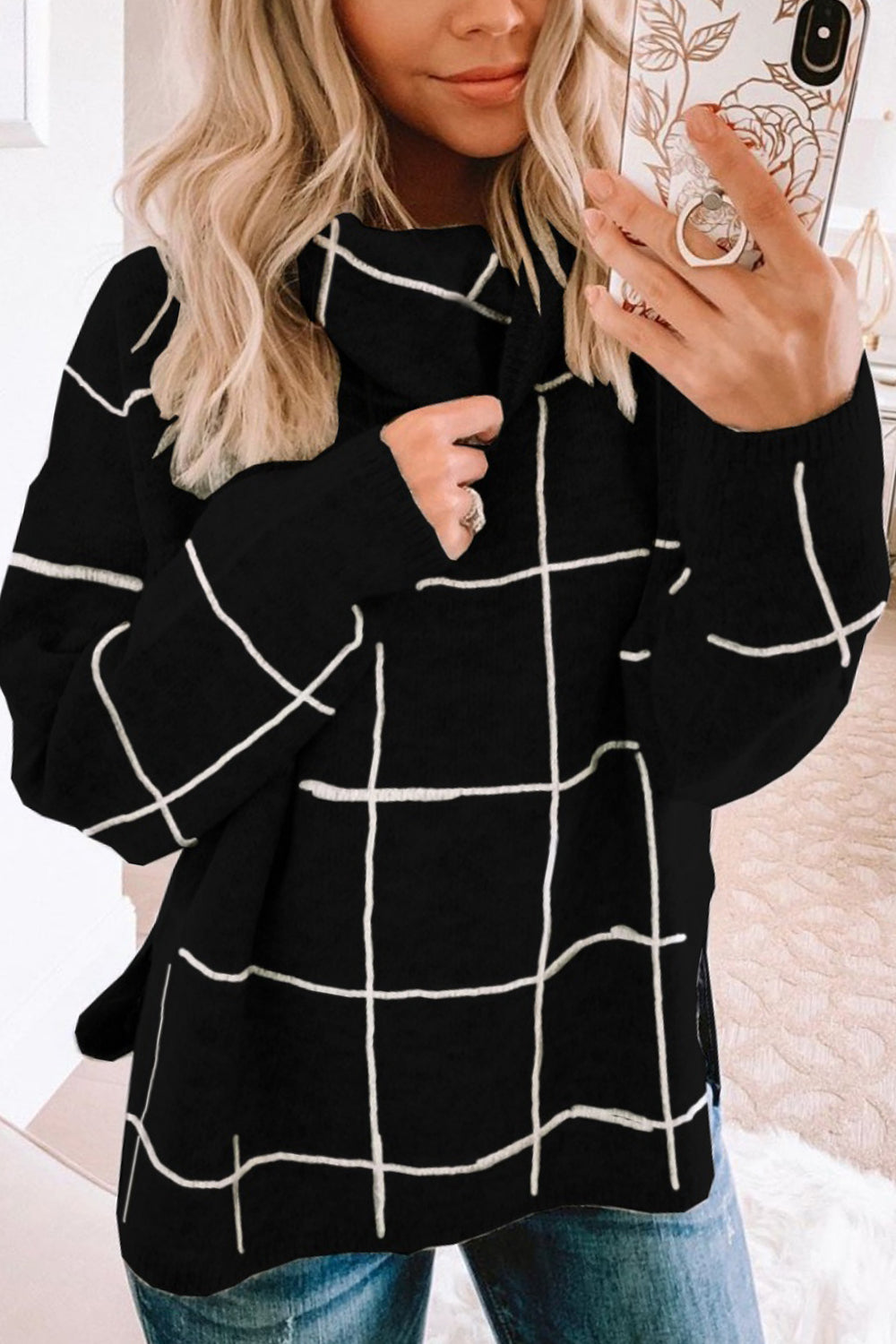 Plaid Turtleneck Drop Shoulder Sweater - FunkyPeacockStore (Store description)