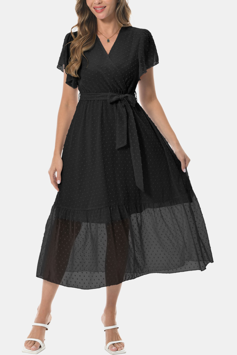 Surplice Neck Flutter Sleeve Tied Dress - FunkyPeacockStore (Store description)