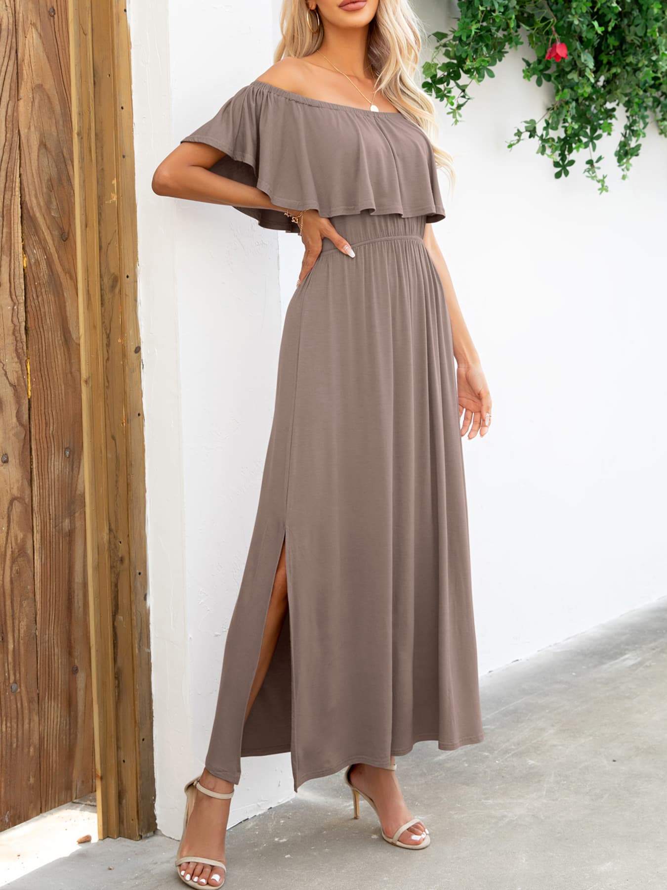 Off-Shoulder Slit Maxi Dress - FunkyPeacockStore (Store description)