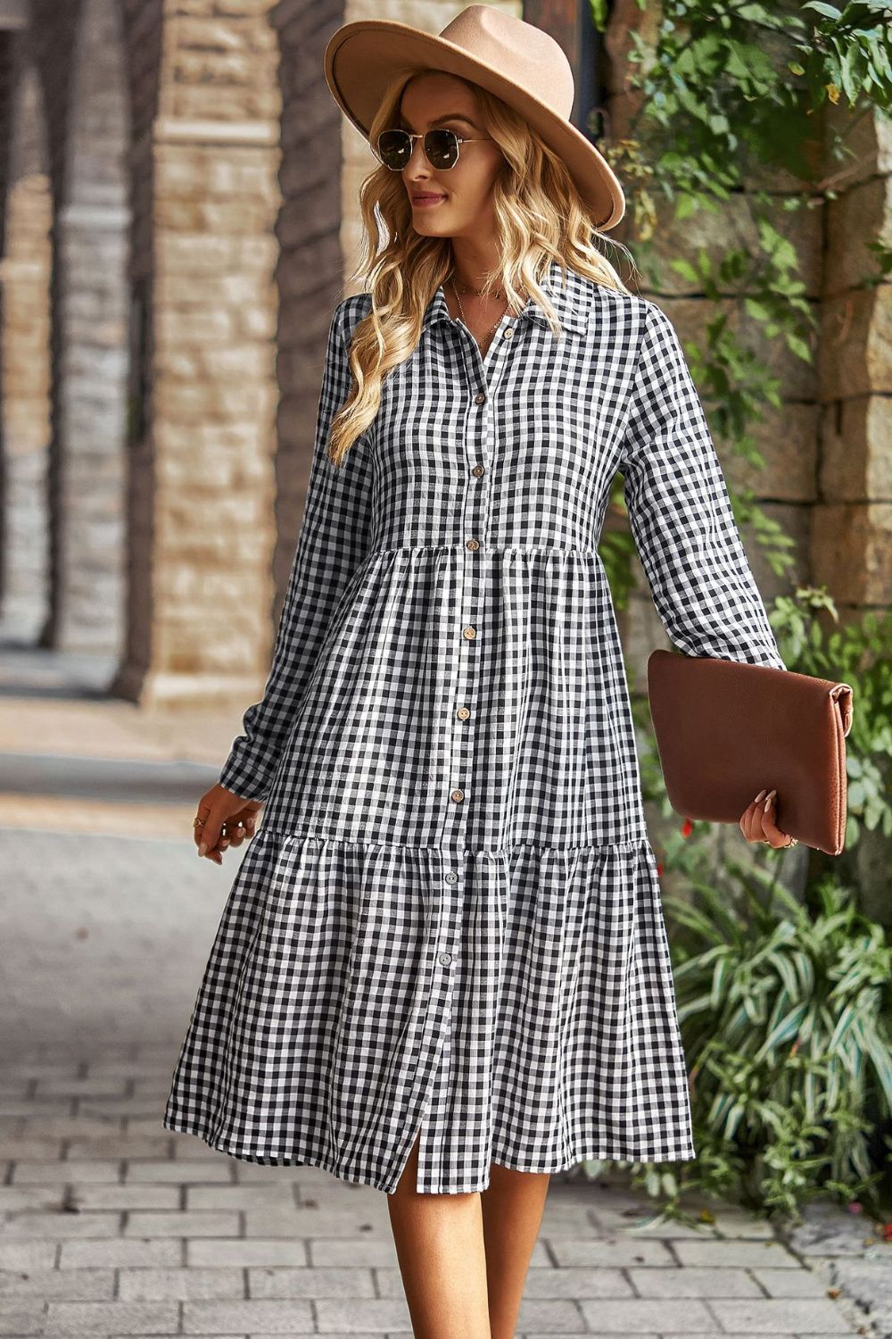 Collared Neck Long Sleeve Midi Dress - FunkyPeacockStore (Store description)