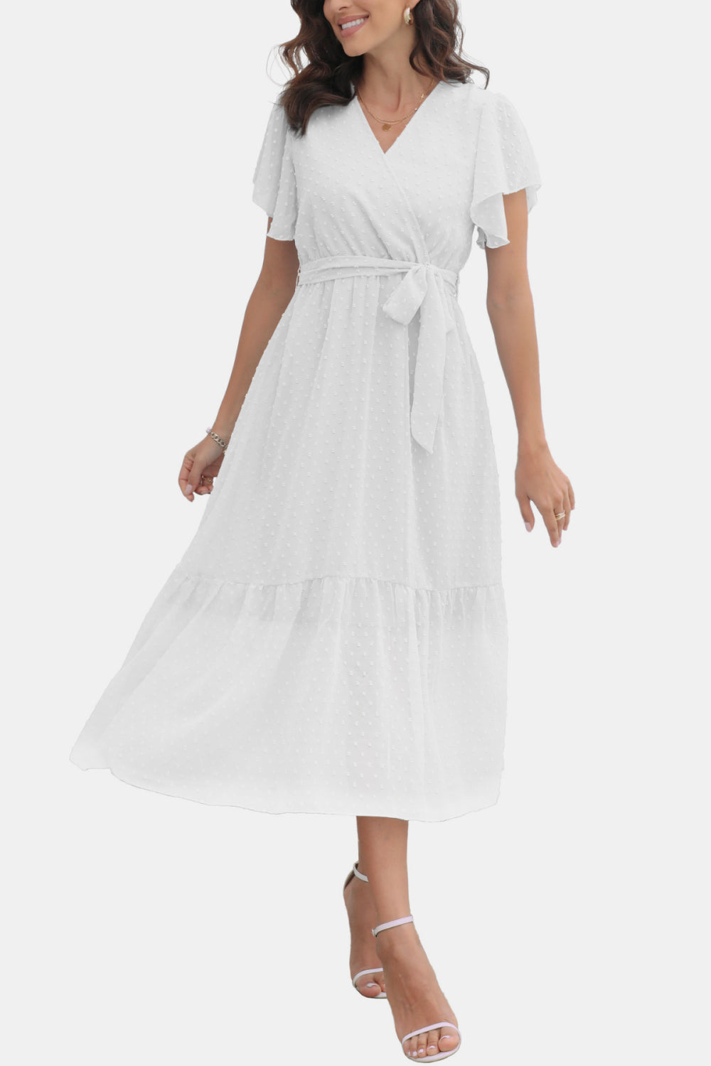 Surplice Neck Flutter Sleeve Tied Dress - FunkyPeacockStore (Store description)