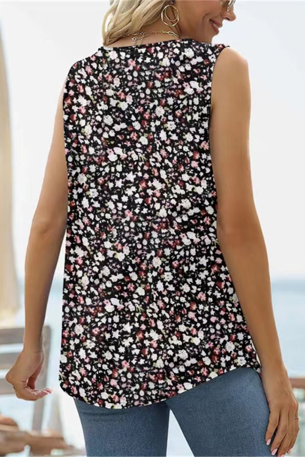 Printed Square Neck Curved Hem Tank - FunkyPeacockStore (Store description)